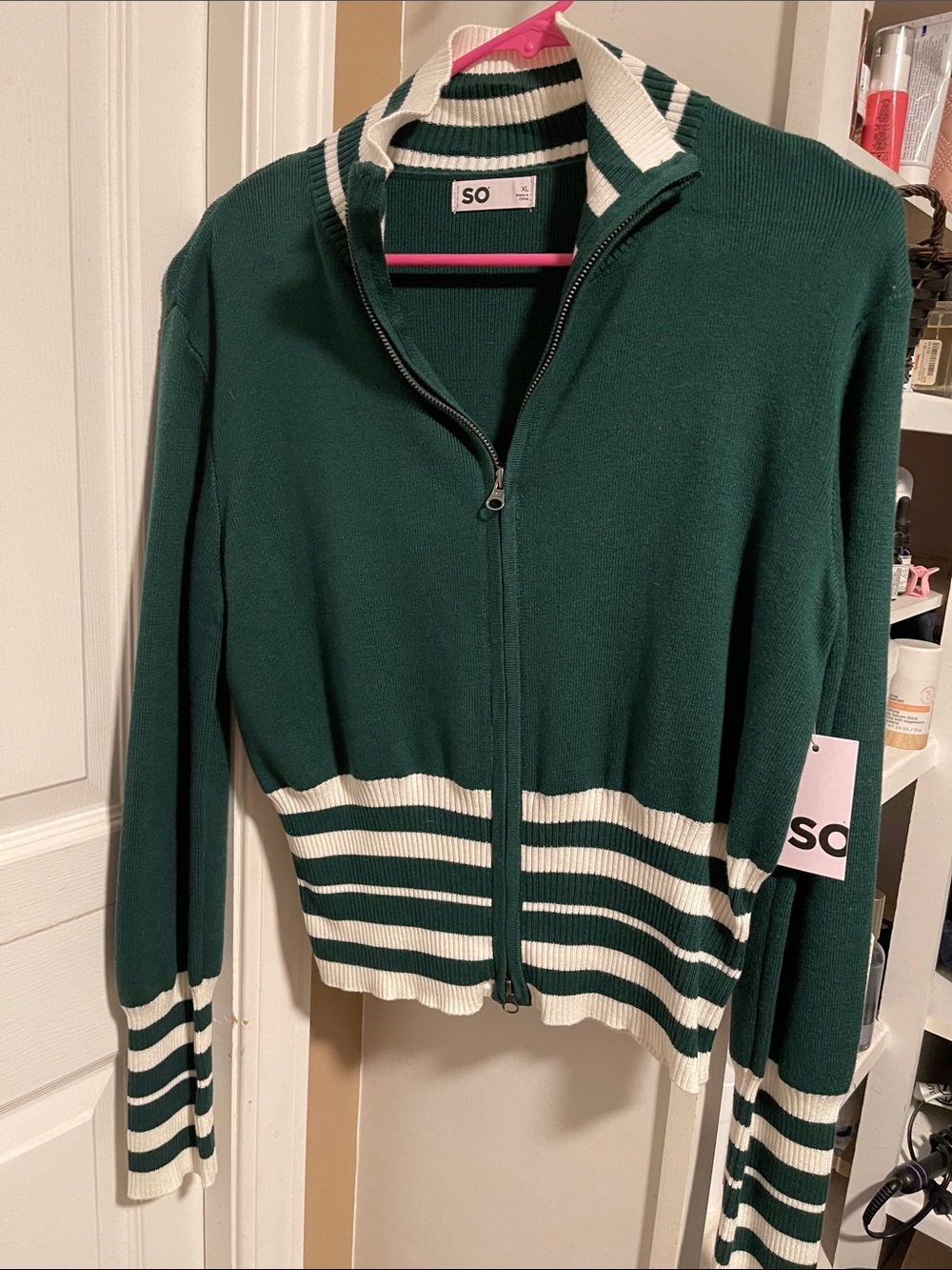 SO Forest Green Zip-Front Sweater with White Striped Trim